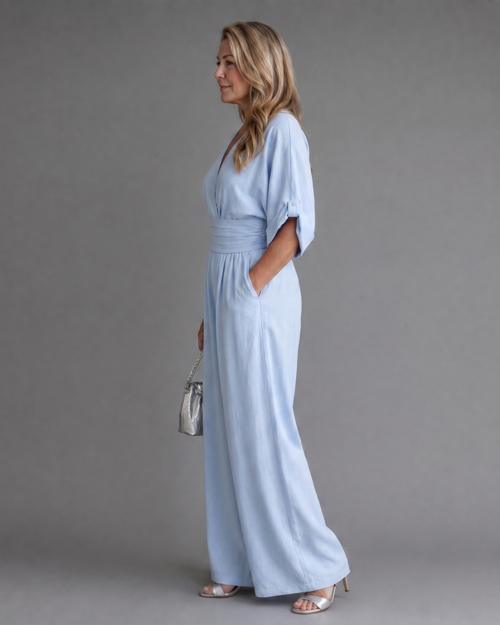 אמנה | שמלת גזירה עם צווארון V רחב ורפוי
